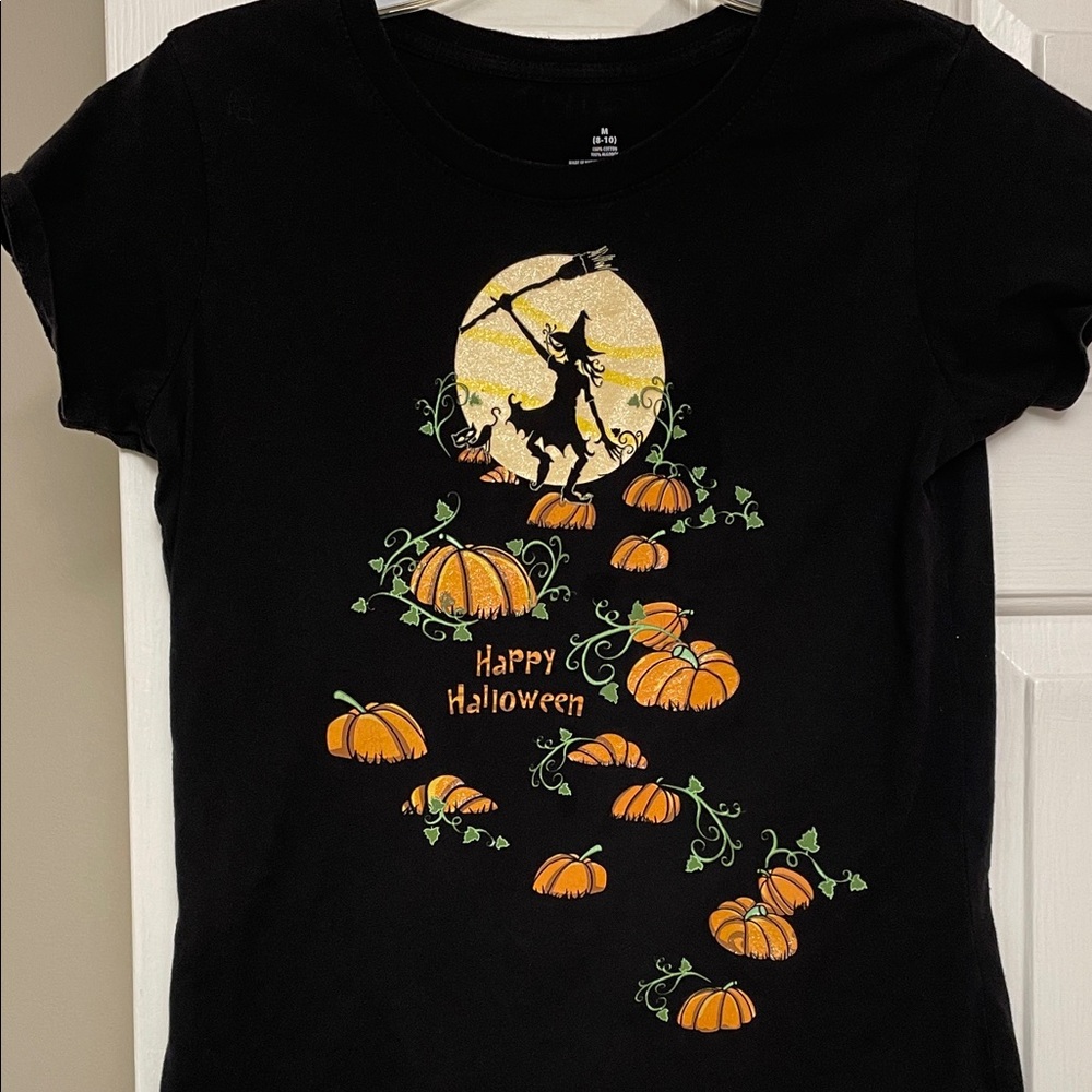 Halloween Witch & Pumpkins Graphic Tee - Black